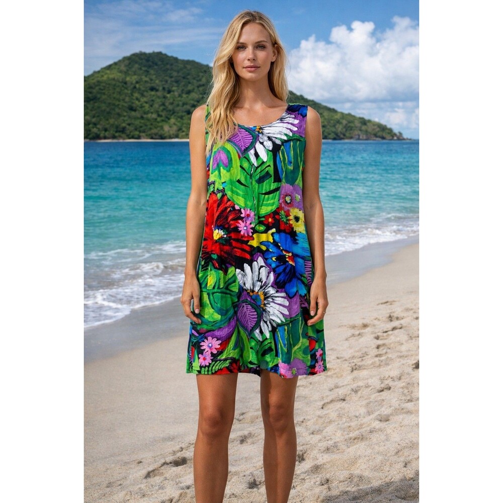 Jams World Hawaii Flow Vibes Tropical Floral Sleeveless Rayon Dress Boho Size L